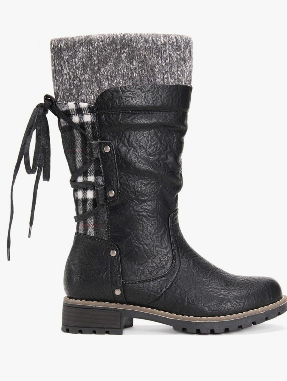 Muk Luks Black Lace-Up Knit Cuff Plaid Accent Boots SZ 10